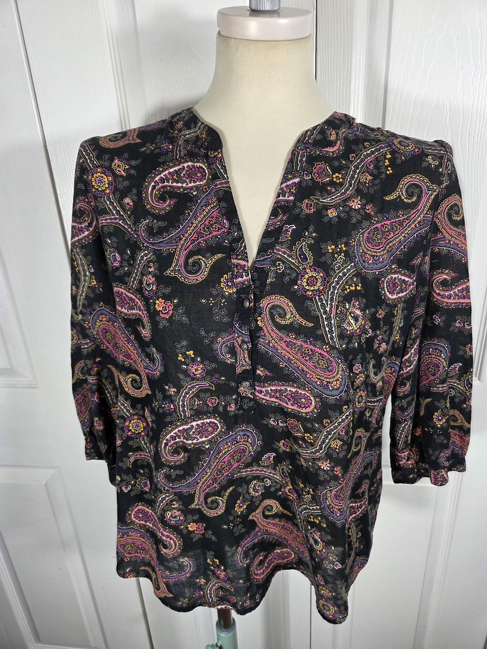 Lucky Brand Paisley Blouse Boho Cotton Top Split Neck Women L